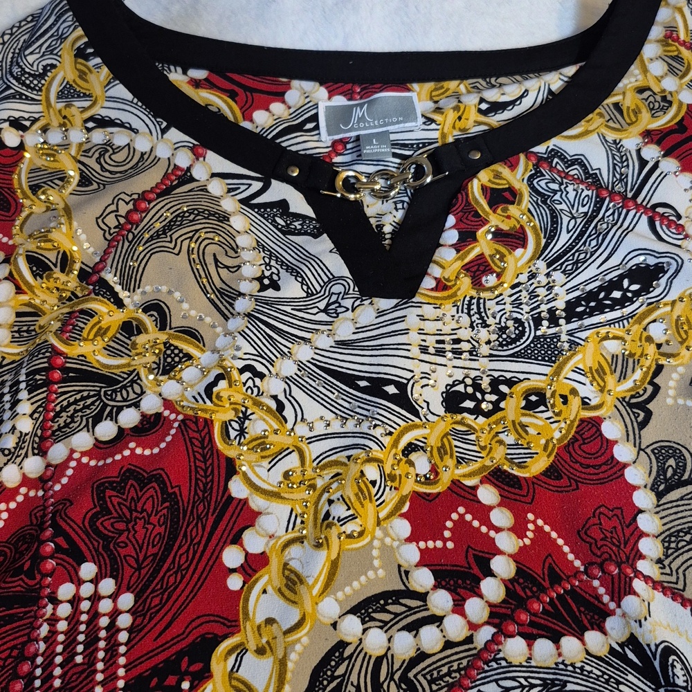 JM Collection Red Black Cream & Gold Chain-Paisley Long Sleeve Top Sz. L